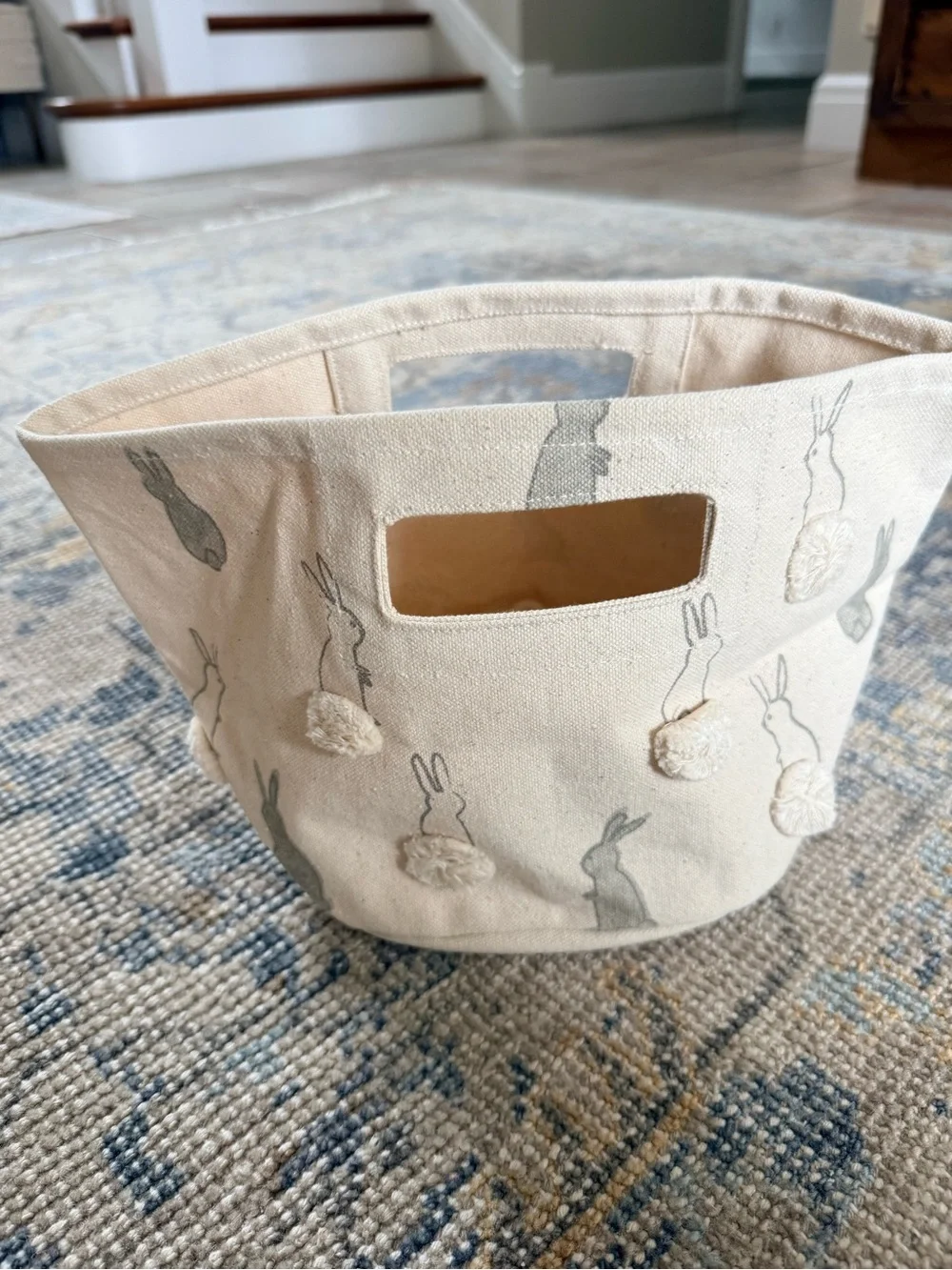 Cream Canvas Bunny Storage Basket with Pom-Pom Tails